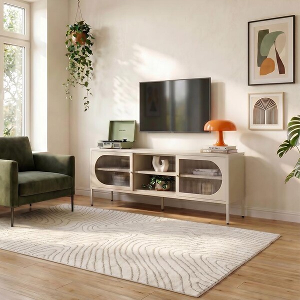 SICAAN - Sicaan Meuble TV Industriel en métal Beige 160 cm 2 Portes en Verre cannelé - Come - large