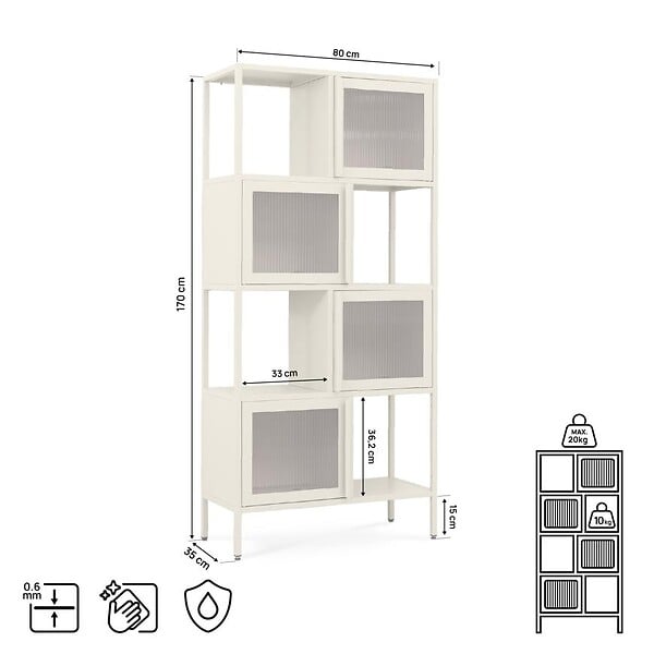 SICAAN - Sicaan Etagères Industrielle en métal H170 cm 4 Portes 4 niches Beige et Verre cannelé Kiara - large