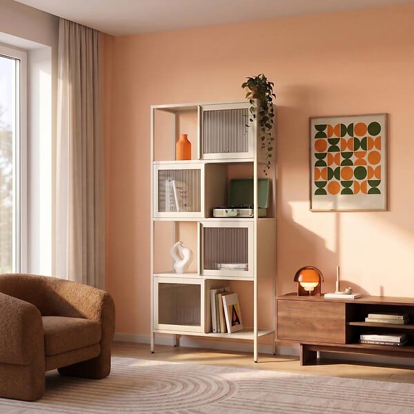 SICAAN - Sicaan Etagères Industrielle en métal H170 cm 4 Portes 4 niches Beige et Verre cannelé Kiara - large