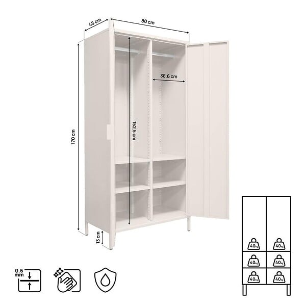 SICAAN - Sicaan Armoire industrielle en métal H.170cm 2 portes, 4 étagères, 2 penderies beige - THEA - large