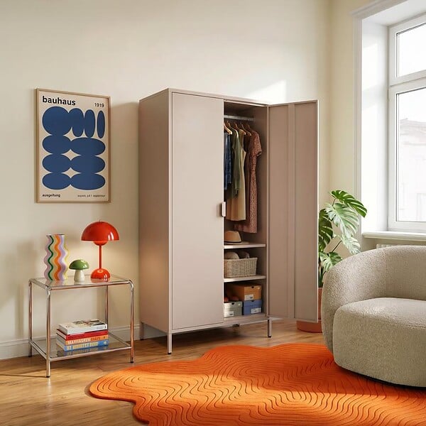 SICAAN - Sicaan Armoire industrielle en métal H.170cm 2 portes, 4 étagères, 2 penderies beige - THEA - large