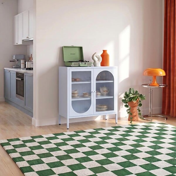 SICAAN - Sicaan Buffet Industriel en métal 2 Portes, Bleu Gris et Verre cannelé 80 cm Kurt - large