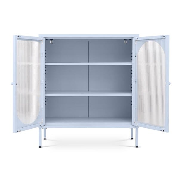 SICAAN - Sicaan Buffet Industriel en métal 2 Portes, Bleu Gris et Verre cannelé 80 cm Kurt - large