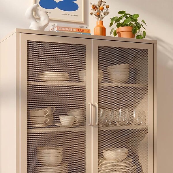 SICAAN - Sicaan Buffet haut industriel en métal H.120cm 2 portes mesh grillagé beige - KAI - large