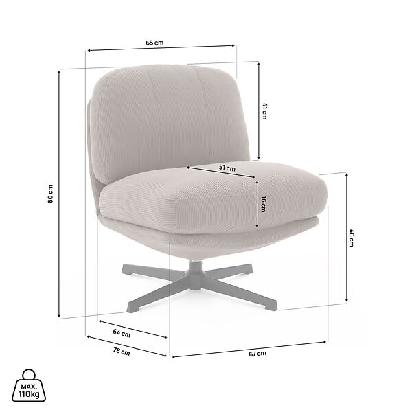 SICAAN - Sicaan Fauteuil pivotant moderne LENA velours côtelé taupe - large