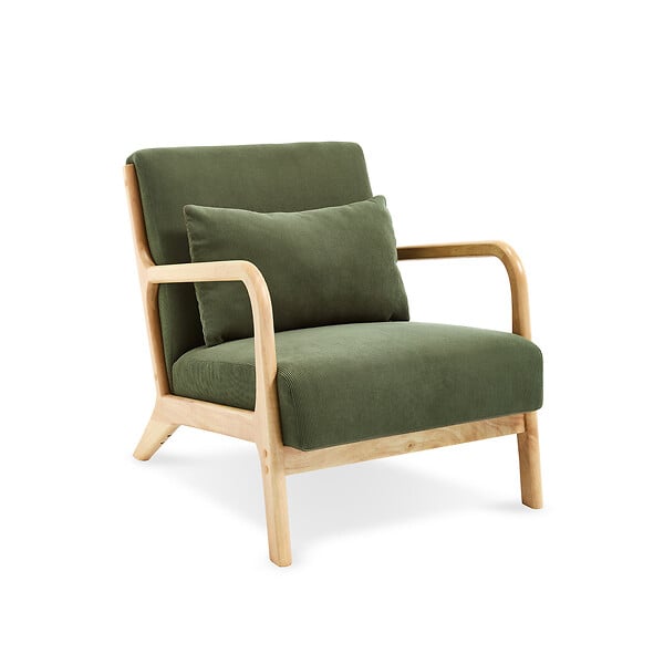 SICAAN - Sicaan Fauteuil scandinave vintage MARIE velours côtelé kaki et bois - large