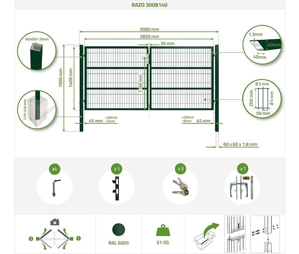 CASANOOV - Casanoov Portail battant grillagé 3 m RAZO H.140  cm Vert - large