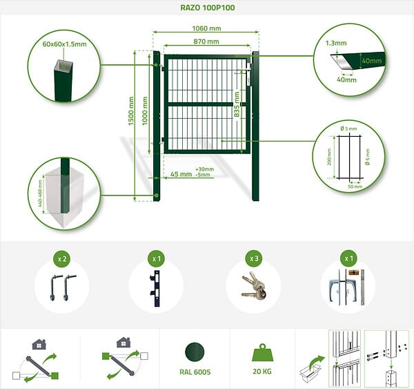 CASANOOV - Casanoov Portillon grillagé 1m Vert RAZO H.100 cm - large