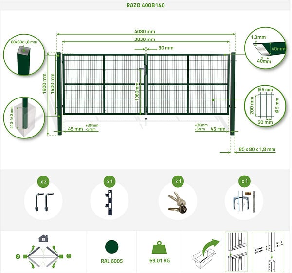 CASANOOV - Casanoov Portail battant grillagé vert RAZO 4 m H.140 cm - large