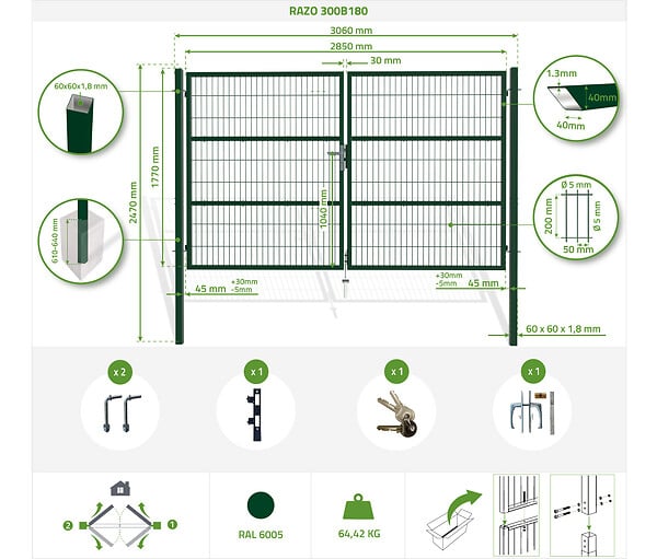 CASANOOV - Casanoov Portail battant grillagé vert RAZO 3 m H.180 cm - large