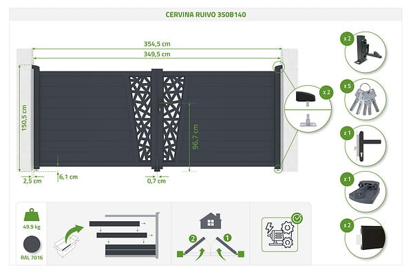 CASANOOV - Casanoov Portail battant aluminium gris CERVINA RUIVO 3,5 m hauteur 140  cm - large