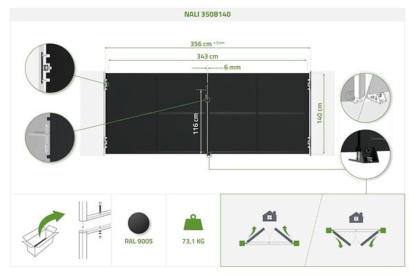 CASANOOV - Casanoov Portail battant acier noir mat 3,5 m NALI H.140  cm + 2 poteaux 10x10 acier CARMO - large