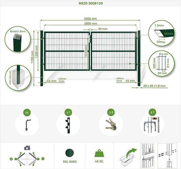 CASANOOV - Casanoov Portail battant grillagé 3 m RAZO H.120  cm + Portillon 1m RAZO H.120  cm Vert - large