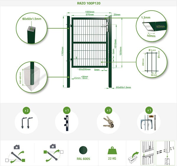 CASANOOV - Casanoov Portail battant grillagé 3 m RAZO H.120  cm + Portillon 1m RAZO H.120  cm Vert - large