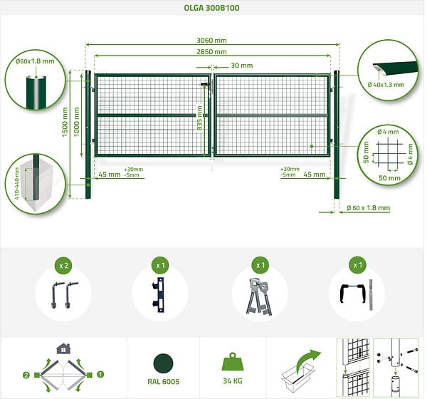 CASANOOV - Casanoov Portail battant grillagé 3 m OLGA H.100  cm + Portillon 1m OLGA H.100  cm Vert - large