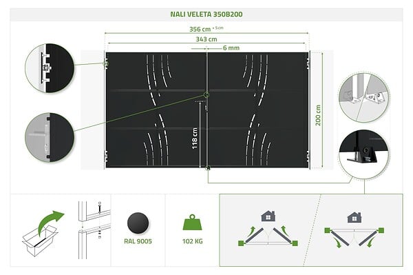 CASANOOV - Casanoov Portail battant acier noir mat 3,5m NALI VELETA H.200 cm + 2 poteaux 10x10 acier CARMO - large