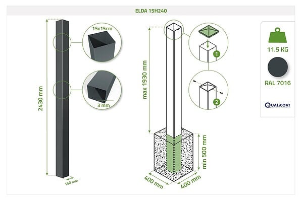 CASANOOV - Casanoov Portail battant 4m ARLBERG H.160 cm aluminium gris + 2 poteaux ELDA + motorisation Hicker B200 - large