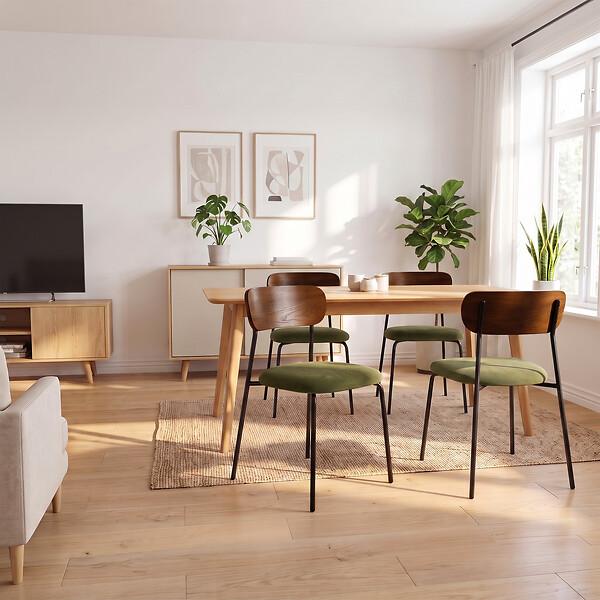 SICAAN - Sicaan Lot de 4 chaises scandinaves velours côtelé kaki et placage frêne pieds métal noir - OLIVIA - large