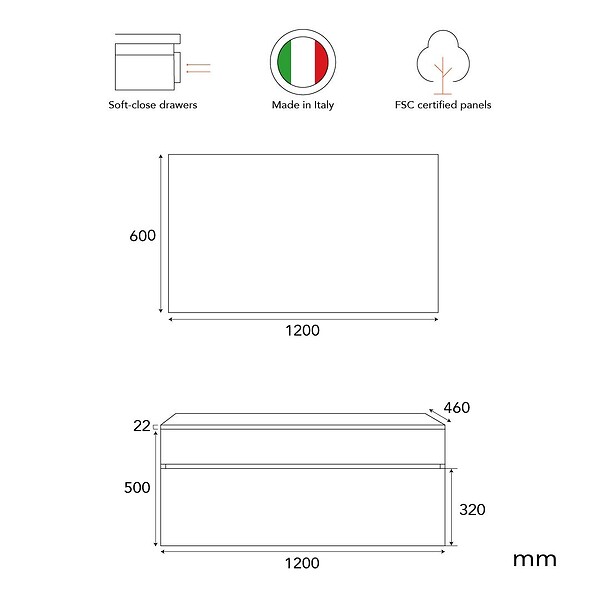 KIAMAMI VALENTINA - Meuble Sous-Vasque De Salle De Bain 120Cm Blanc En Bois Avec Plateau Anthracite | Sole - large