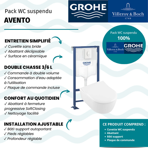 VILLEROY ET BOCH - Pack WC suspendu sans bride  Avento + abattant + bâti-support autoportant + plaque blanche - large