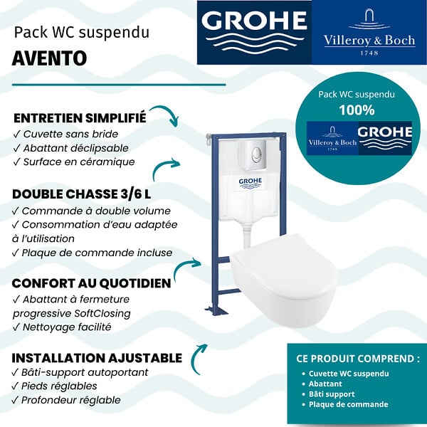 VILLEROY ET BOCH - Pack WC suspendu sans bride  Avento + abattant + plaque chromée + bâti Grohe - large