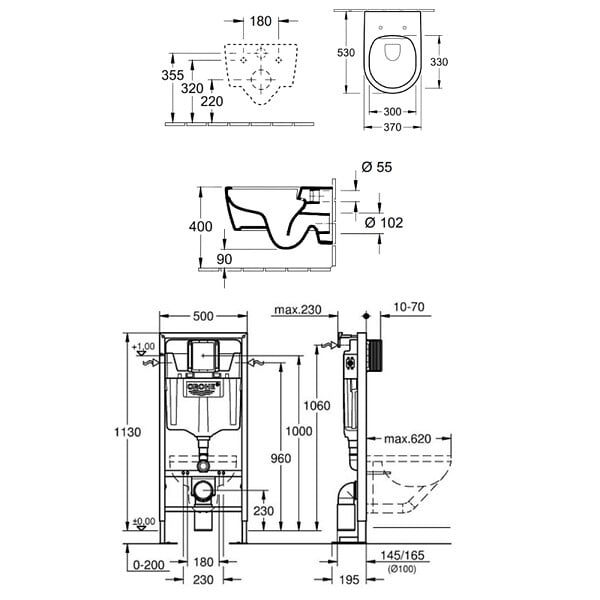 VILLEROY ET BOCH - Pack WC suspendu sans bride  Avento + abattant + plaque chromée + bâti Grohe - large