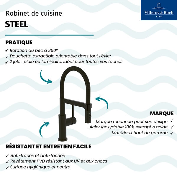 VILLEROY ET BOCH - Robinet de cuisine avec douchette Steel Expert Compact Noir mat - large