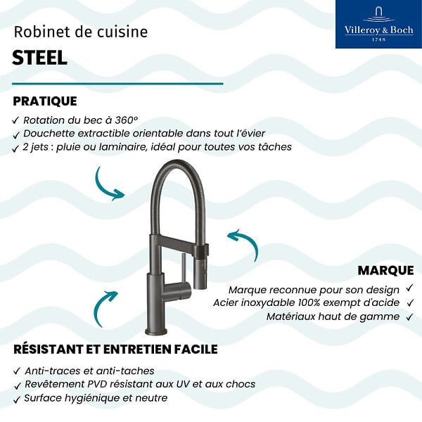 VILLEROY ET BOCH - Robinet cuisine  Steel expert compact anthracite - large