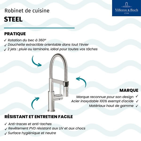 VILLEROY ET BOCH - Robinet cuisine  Steel expert compact acier massif - large