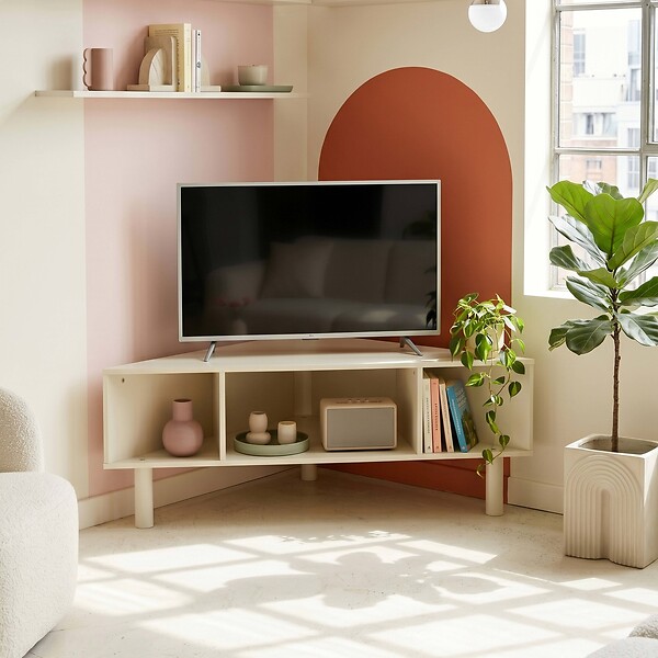 OVIALA - Meuble TV effet bois 120x55 cm style scandinave crème - Brady - large
