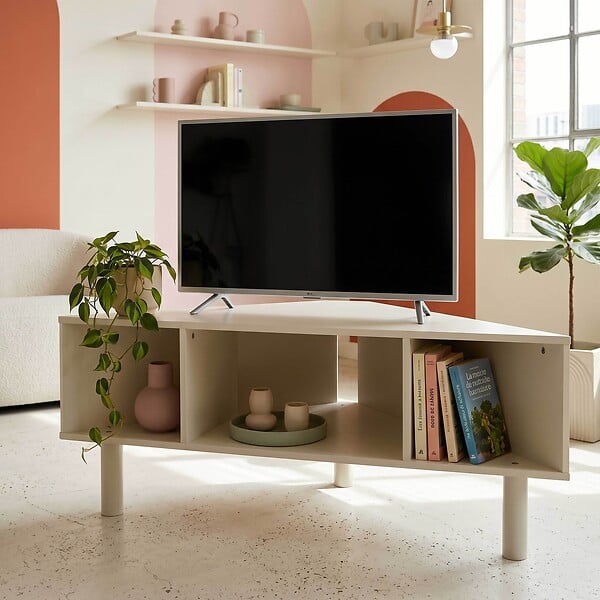 OVIALA - Meuble TV effet bois 120x55 cm style scandinave crème - Brady - large