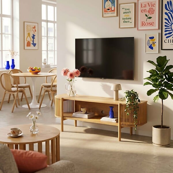 OVIALA - Meuble TV bohème 160 cm effet bois clair - Marcus - large
