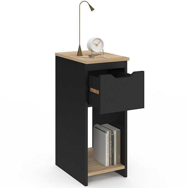 ID MARKET - Lot de 2 tables de chevet étroites ANOUK 1 tiroir avec niche noir et bois - large