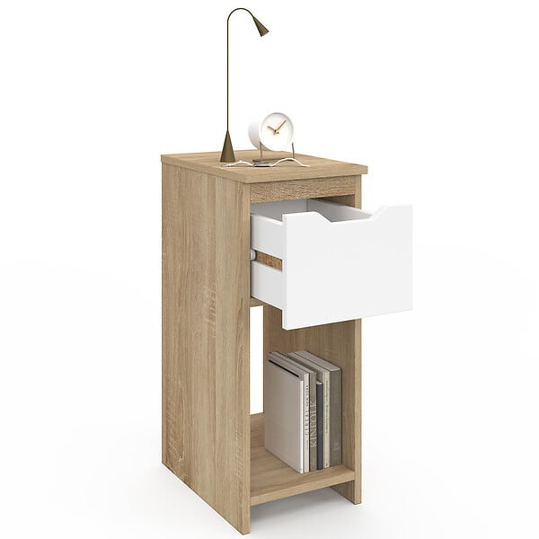 ID MARKET - Lot de 2 tables de chevet étroites ANOUK 1 tiroir avec niche bois façon hêtre et blanc - large