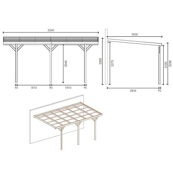 ALTANKA - Carport, abri de voiture  3x5.24 m - 15 m2 - adossé  - CAR7-2 - large