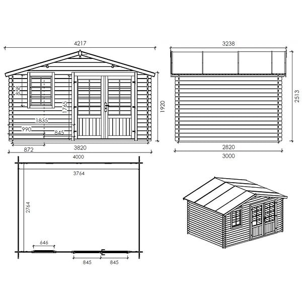 ALTANKA - Abri de jardin en bois - 12m2 - 4x3m - Traité - Ep. 28mm - Couleur: marron - DOM595 - large