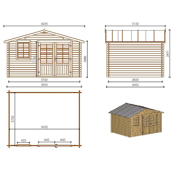 ALTANKA - Abri de jardin en bois - 11.7m2 - 3.9x3m - Traité - Ep. 34mm - Couleur: marron - DOM562 - large