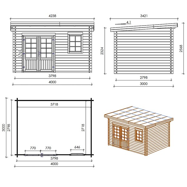 ALTANKA - Abri de jardin en bois - 12m2 - 4x3m - Traité - Ep. 40mm - Couleur: vert - DOM717 - large