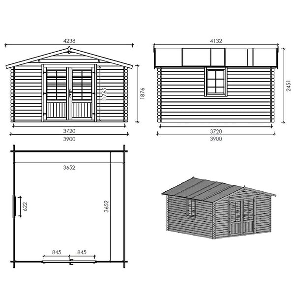 ALTANKA - Abri de jardin en bois - 15.2m2 - 3.9x3.9m - Traité - Ep. 34mm - Couleur: marron - DOM563 - large