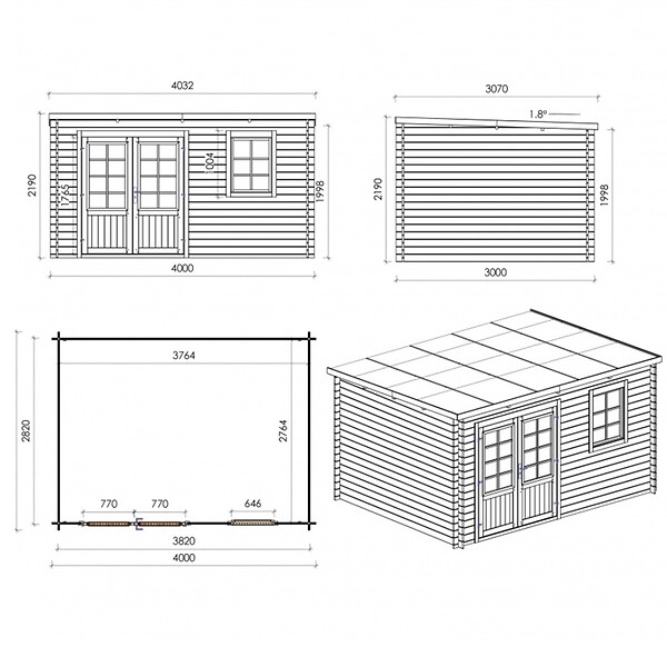ALTANKA - Abri de jardin en bois - 12m2 - 4x3m - Traité - Ep. 28mm - Couleur: vert - DOM381 - large