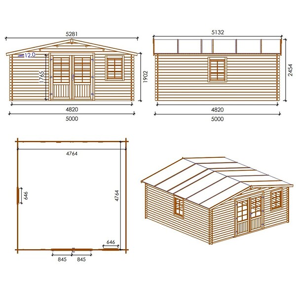 ALTANKA - Abri de jardin en bois - 25m2 - 5x5m - Ep. 28mm - Couleur: naturel - DOM591 - large