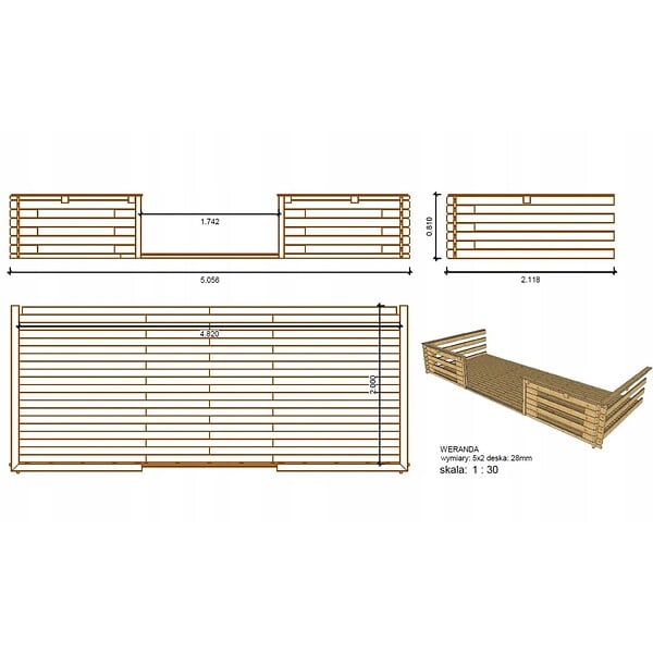 ALTANKA - Terrasse en bois avec balustrade pour abri en bois - 10m2 - 5m x 2m - couleur: naturel - DOM601 - large