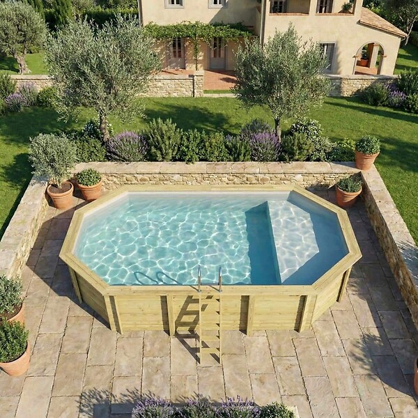 ALTANKA - Piscine hors sol en bois NEMO 7.3 x 3.97 - H.1.45 m avec plage, gris clair, cadre en métal - sans dalle - BAS7305OSPU2+PLA305 - large