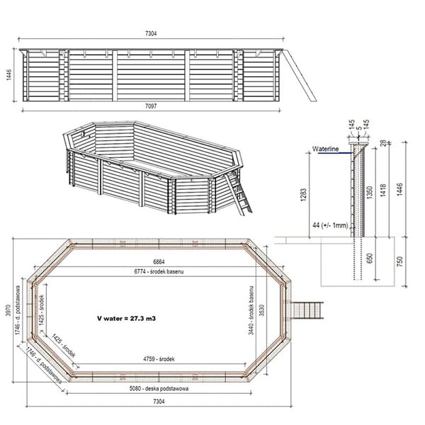 ALTANKA - Piscine hors sol en bois NEMO 7.3 x 3.97 - H.1.45 m, gris clair, fixations à visser - BAS7305OSPL2 - large