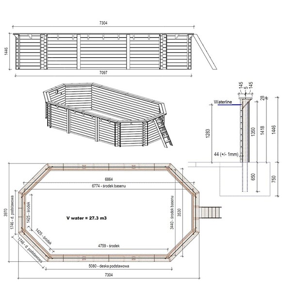 ALTANKA - Piscine hors sol en bois NEMO 7.3 x 3.97 - H.1.45 m, bleu pâle, fixations à visser - BAS7305OSPL - large