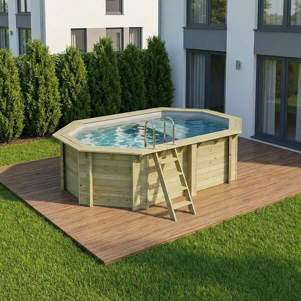 ALTANKA - Piscine hors sol en bois NEMO 4.3 x 3 - H.1.18 m avec plage, gris clair, cadre en métal - sans dalle - BAS7302OSPU2+PLA302 - large