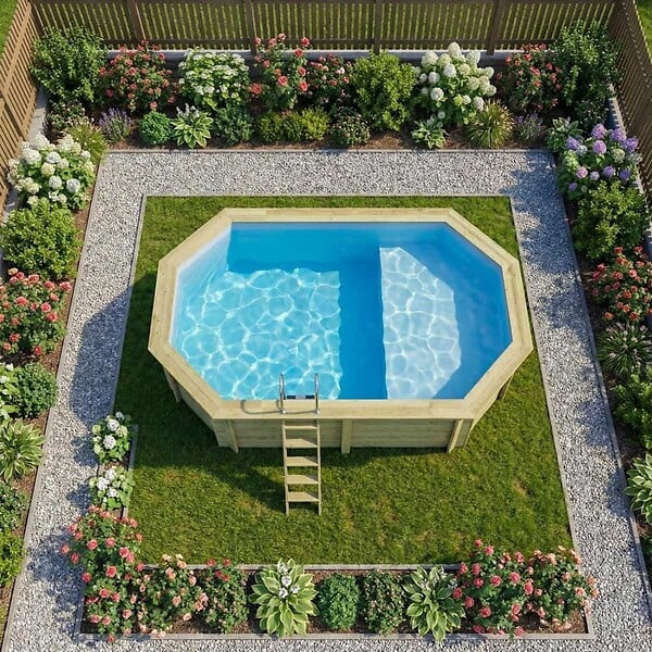 ALTANKA - Piscine hors sol en bois NEMO 5.79 x 3.49 - H.1.45 m avec plage, bleu pâle, cadre en métal - sans dalle - BAS7304OSPU+PLA304 - large