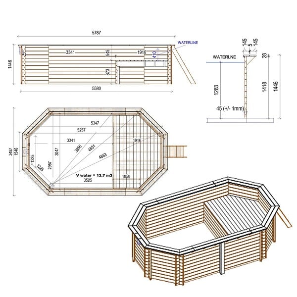 ALTANKA - Piscine hors sol en bois NEMO 5.79 x 3.49 - H.1.45 m avec plage, bleu pâle, cadre en métal - sans dalle - BAS7304OSPU+PLA304 - large