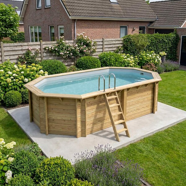 ALTANKA - Piscine hors sol en bois NEMO 5.79 x 3.49 - H.1.45 m, gris clair, fixations à visser - BAS7304OSPL2 - large