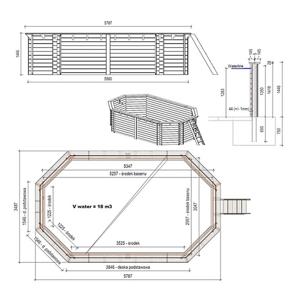 ALTANKA - Piscine hors sol en bois NEMO 5.79 x 3.49 - H.1.45 m, gris clair, fixations à visser - BAS7304OSPL2 - large